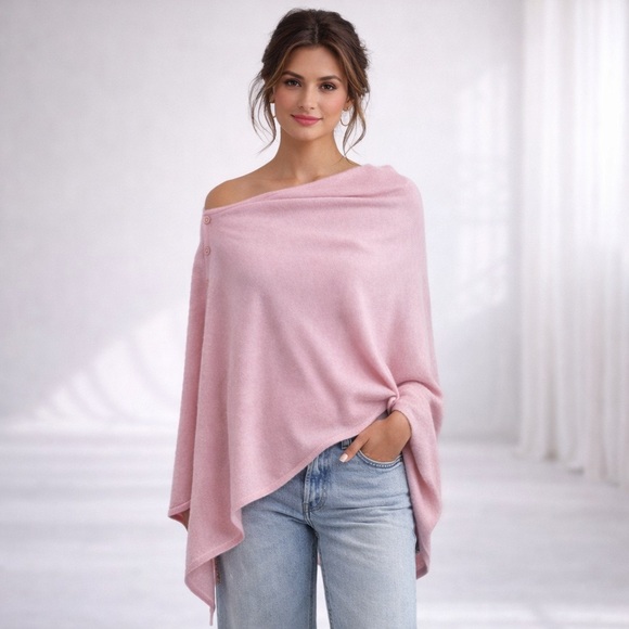 Hannah Rose Sweaters - Hannah Rose Cotton & Cashmere Blend Pink Shell Buttons Wrap Shawl Scarf Cottage